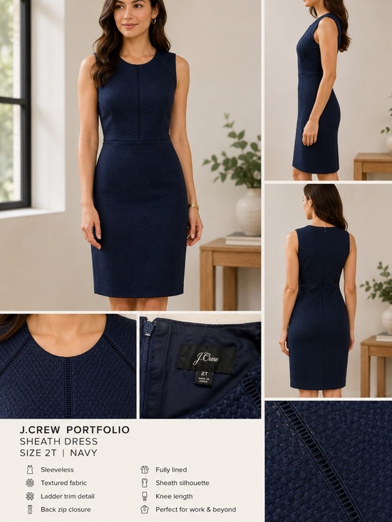 J. Crew Dresses & Skirts - J.Crew Portfolio Navy Textured Sheath Dress Sz 2 Tall Sleeveless Career MIDI